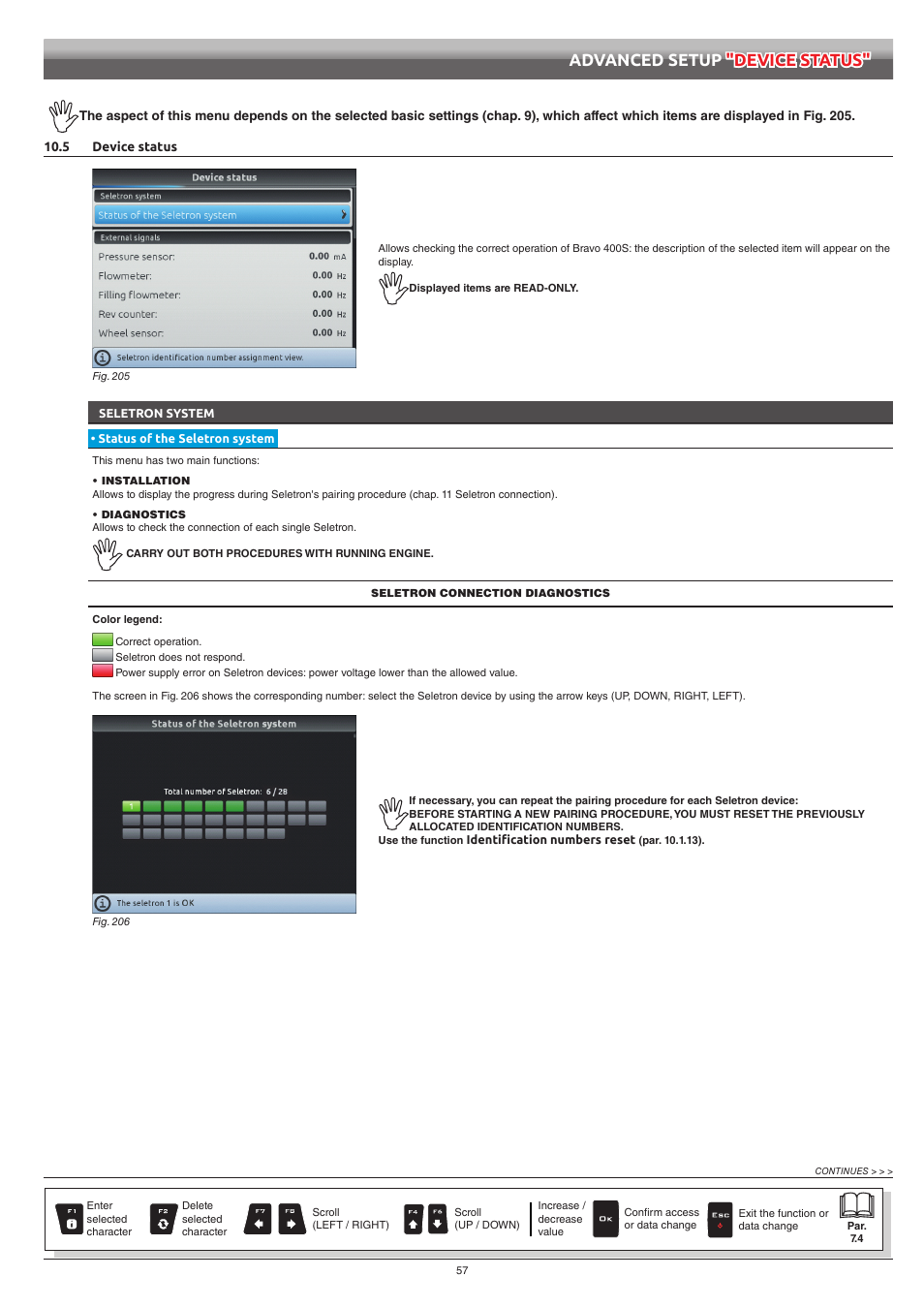 5 device status, Seletron system, Status of the seletron system | Advanced setup "device status | ARAG Bravo 400S Seletron User Manual | Page 57 / 120