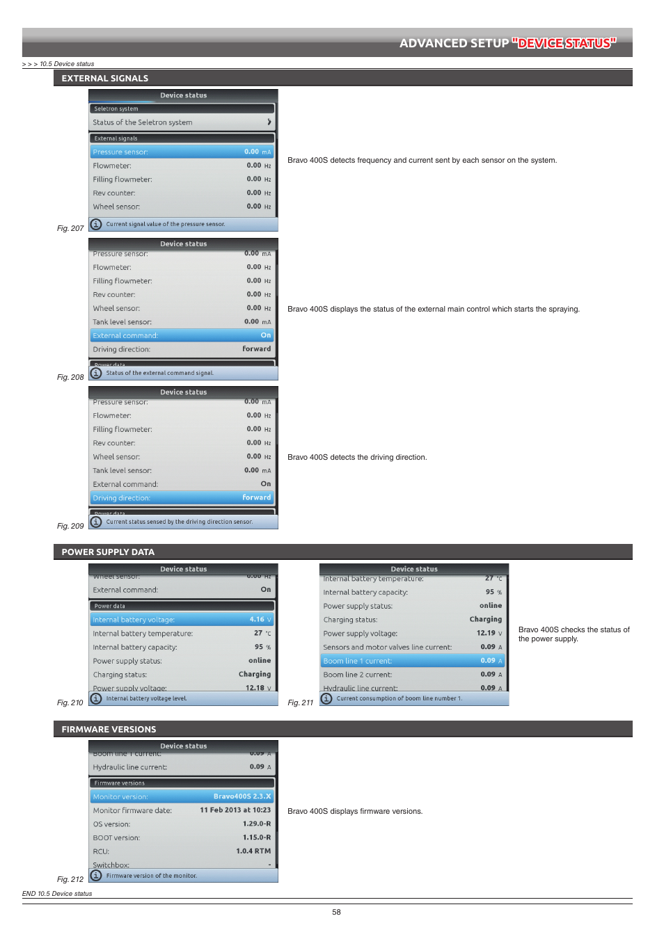 External signals, Power supply data, Firmware versions | Advanced setup "device status | ARAG Bravo 400S Seletron User Manual | Page 58 / 120