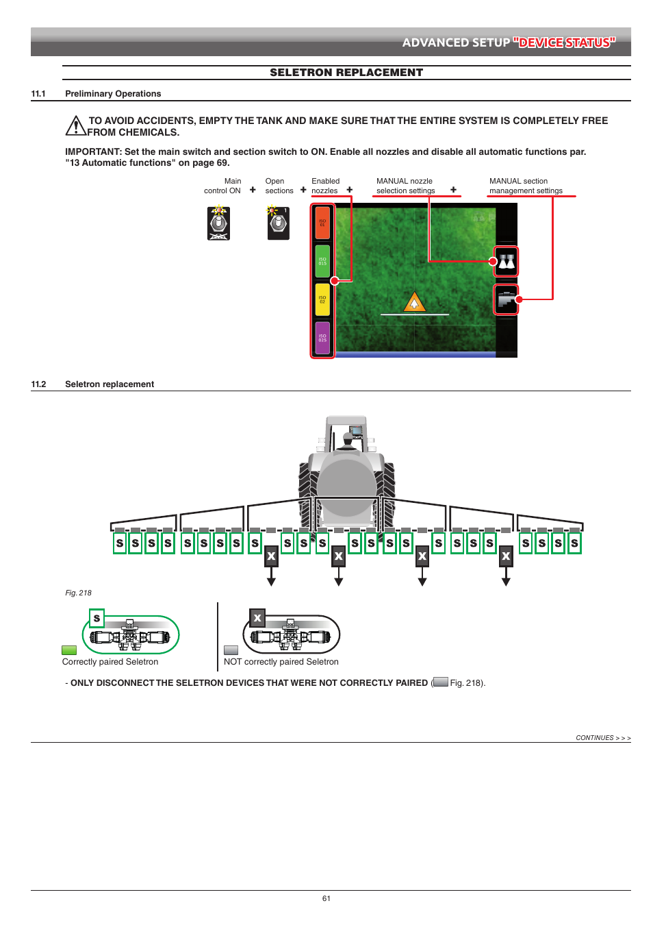 1 preliminary operations, 2 seletron replacement, 1 preliminary operations 11.2 seletron replacement | Advanced setup "device status | ARAG Bravo 400S Seletron User Manual | Page 61 / 120