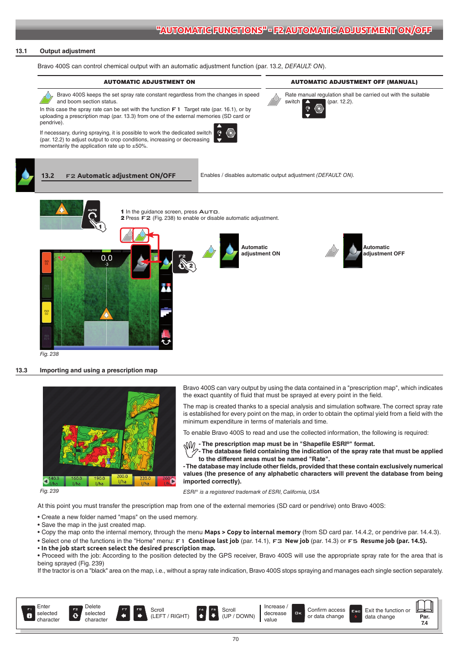 1 output adjustment, 2 f2 automatic adjustment on/off, 3 importing and using a prescription map | 1 output adjustment 13.2, Automatic adjustment on/off | ARAG Bravo 400S Seletron User Manual | Page 70 / 120