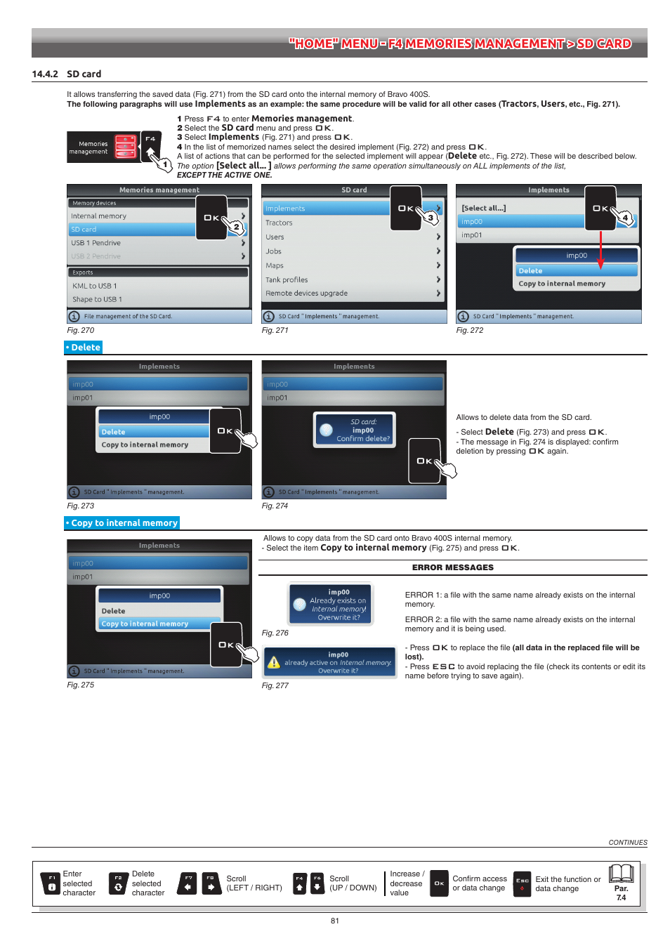 2 sd card, Delete, Copy to internal memory | ARAG Bravo 400S Seletron User Manual | Page 81 / 120