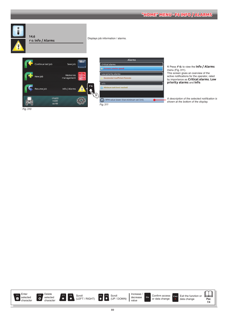 6 f6 info / alarms, Info / alarms, Home" menu - f6 info / alarms | ARAG Bravo 400S Seletron User Manual | Page 89 / 120