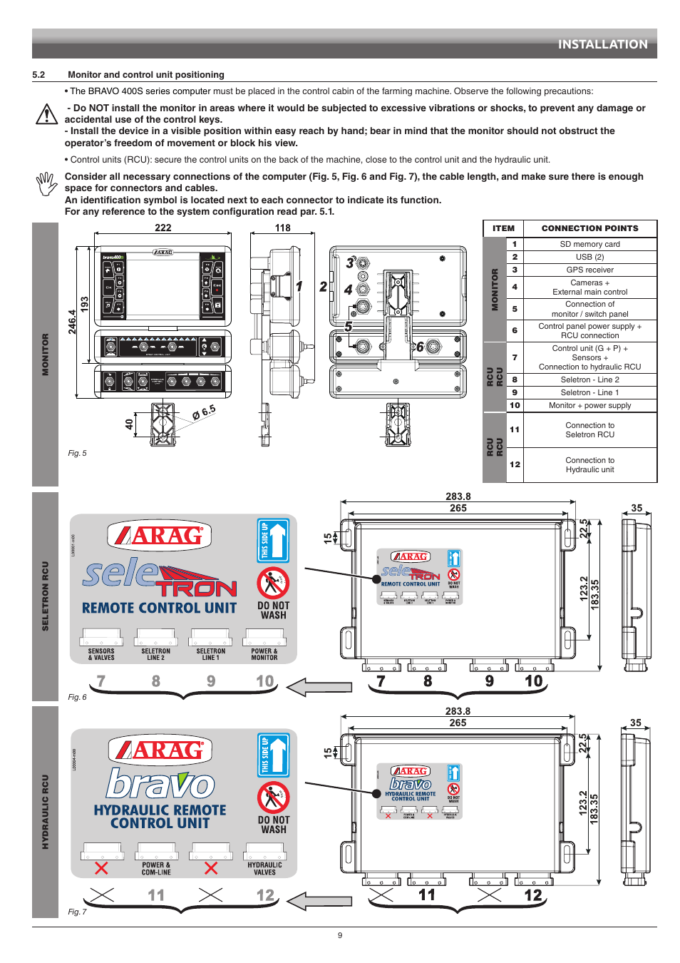 2 monitor and control unit positioning, Monitor and control unit positioning, Installation | ARAG Bravo 400S Seletron User Manual | Page 9 / 120