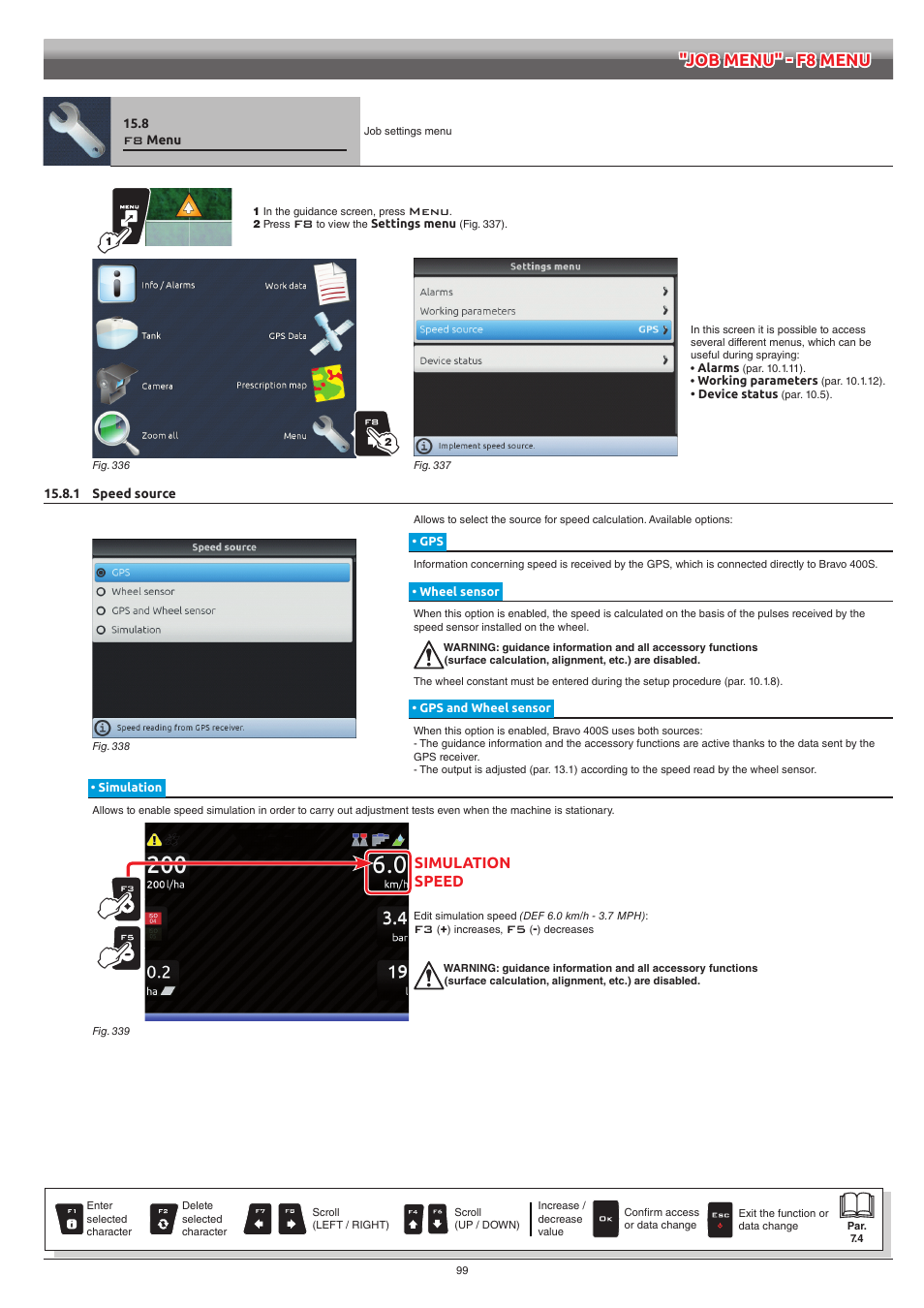 8 f8 menu, 1 speed source, Wheel sensor | Gps and wheel sensor, Simulation, Menu, Job menu" - f8 menu | ARAG Bravo 400S Seletron User Manual | Page 99 / 120