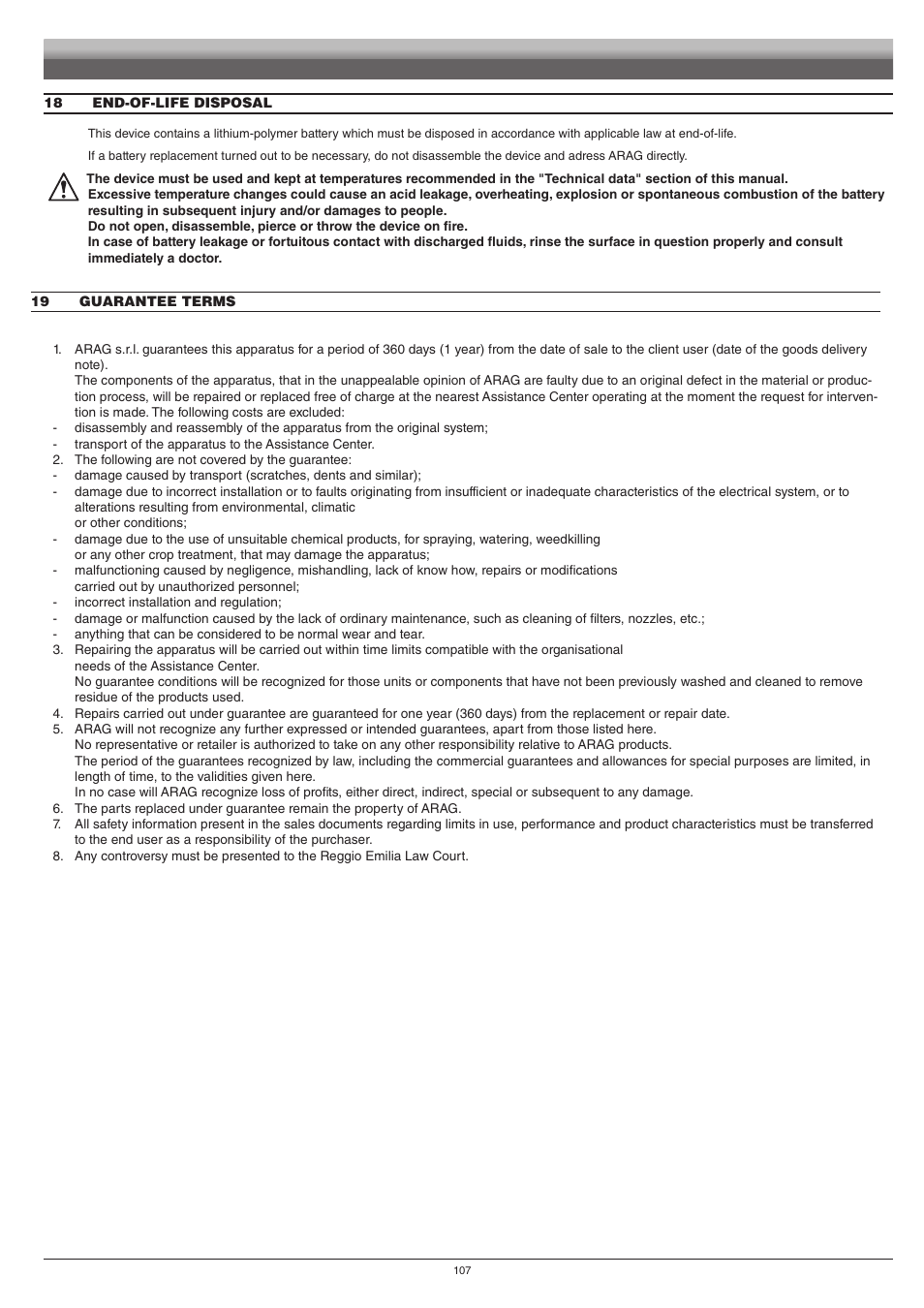 18 end-of-life disposal, 19 guarantee terms | ARAG Bravo 400S Crop sprayer User Manual | Page 107 / 112