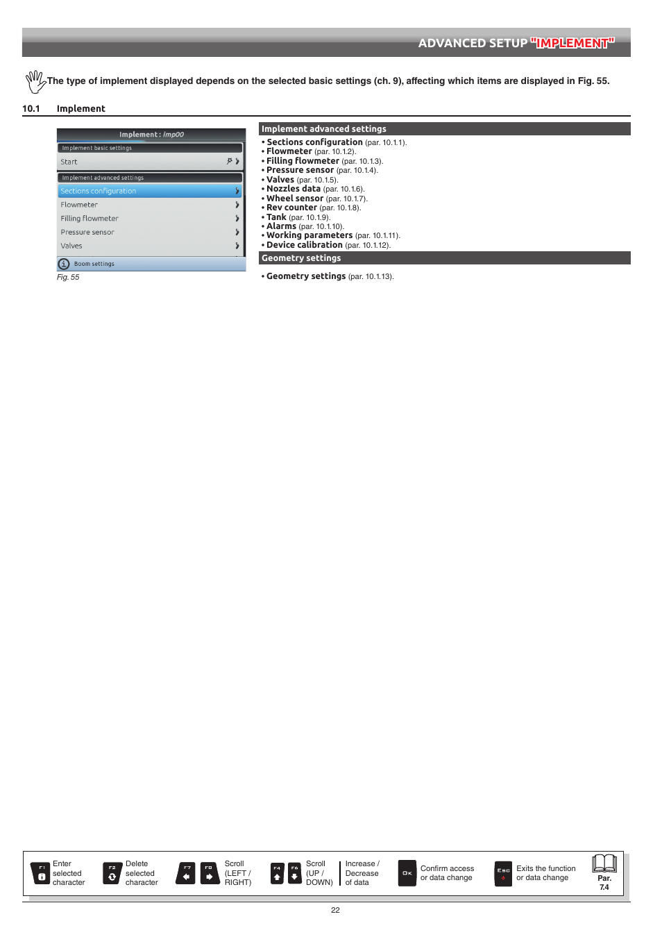 1 implement, Advanced setup "implement | ARAG Bravo 400S Crop sprayer User Manual | Page 22 / 112