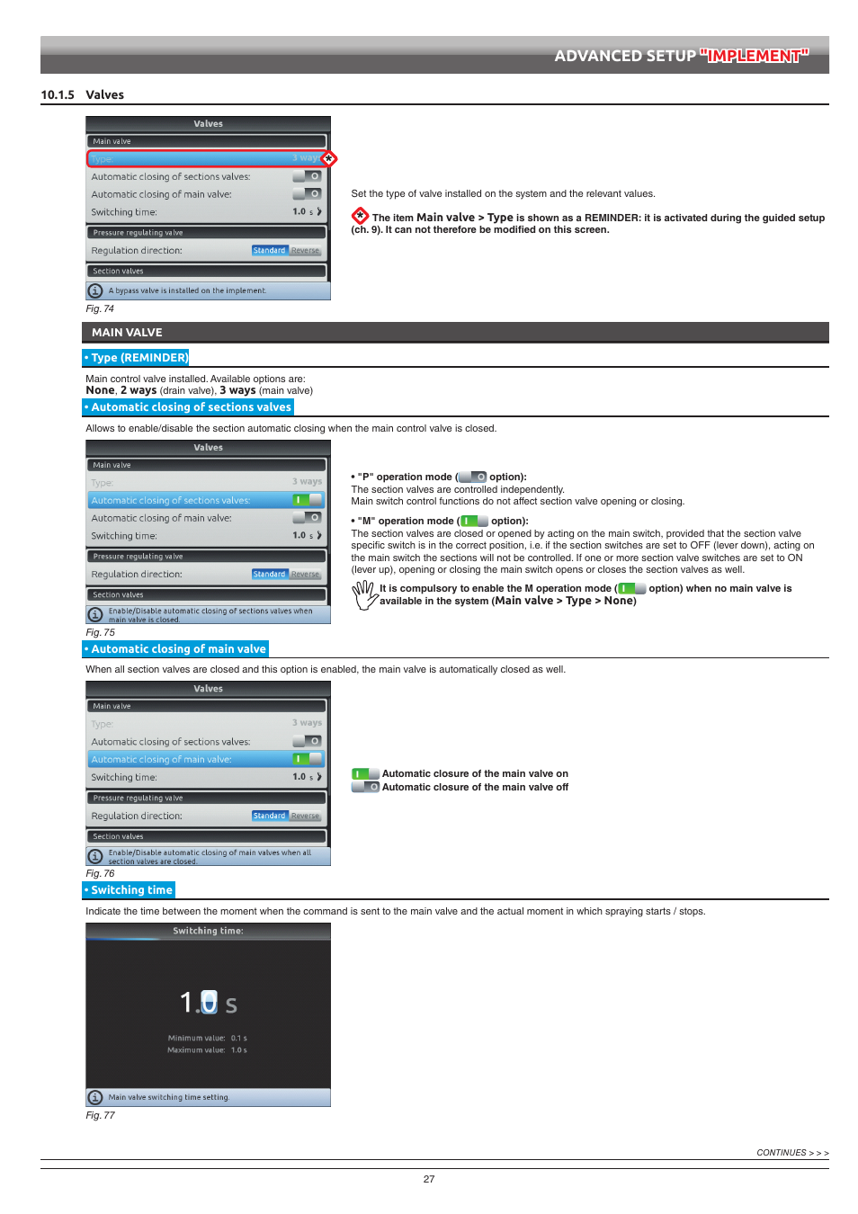 5 valves, Main valve, Type (reminder) | Automatic closing of sections valves, Automatic closing of main valve, Switching time, Advanced setup "implement | ARAG Bravo 400S Crop sprayer User Manual | Page 27 / 112