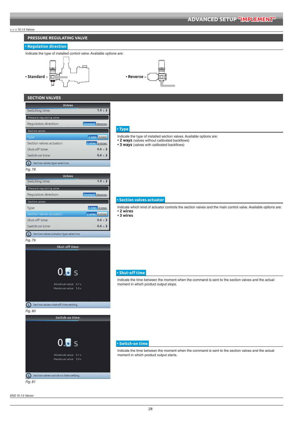 Pressure regulating valve, Regulation direction, Section valves | Type, Section valves actuator, Shut-off time, Switch-on time, Advanced setup "implement | ARAG Bravo 400S Crop sprayer User Manual | Page 28 / 112