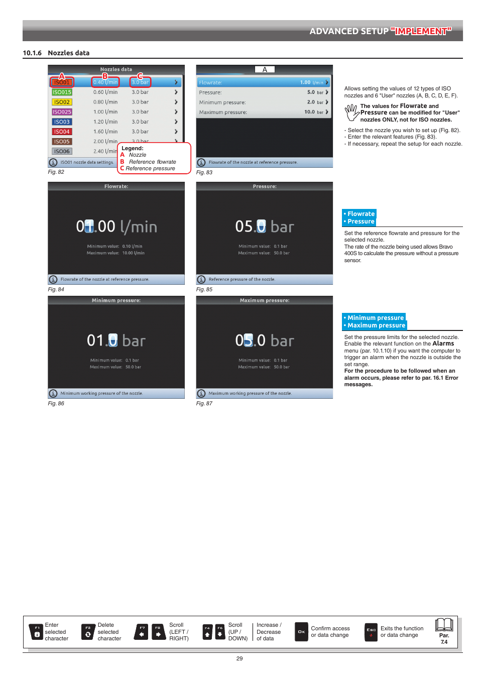 6 nozzles data, Flowrate • pressure, Minimum pressure • maximum pressure | Flowrate, Pressure, Minimum pressure, Maximum pressure, Advanced setup "implement, Ab c | ARAG Bravo 400S Crop sprayer User Manual | Page 29 / 112