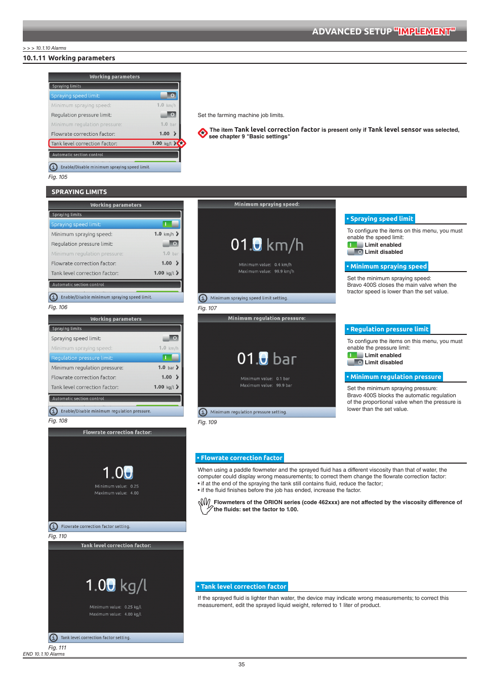 11 working parameters, Spraying limits, Spraying speed limit | Minimum spraying speed, Regulation pressure limit, Minimum regulation pressure, Flowrate correction factor, Tank level correction factor, Advanced setup "implement | ARAG Bravo 400S Crop sprayer User Manual | Page 35 / 112