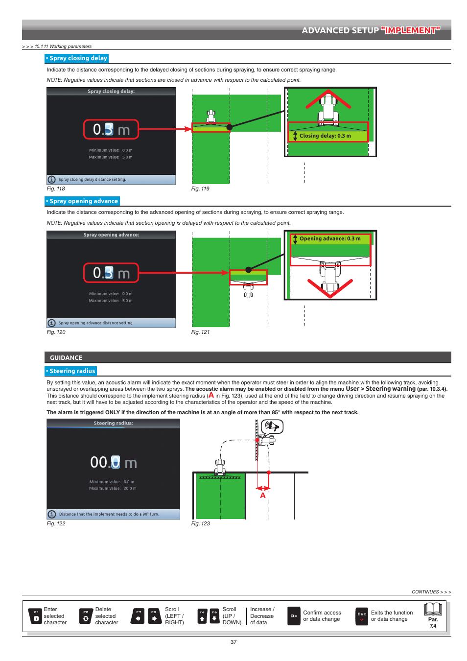 Spray closing delay, Spray opening advance, Guidance | Steering radius, Advanced setup "implement | ARAG Bravo 400S Crop sprayer User Manual | Page 37 / 112