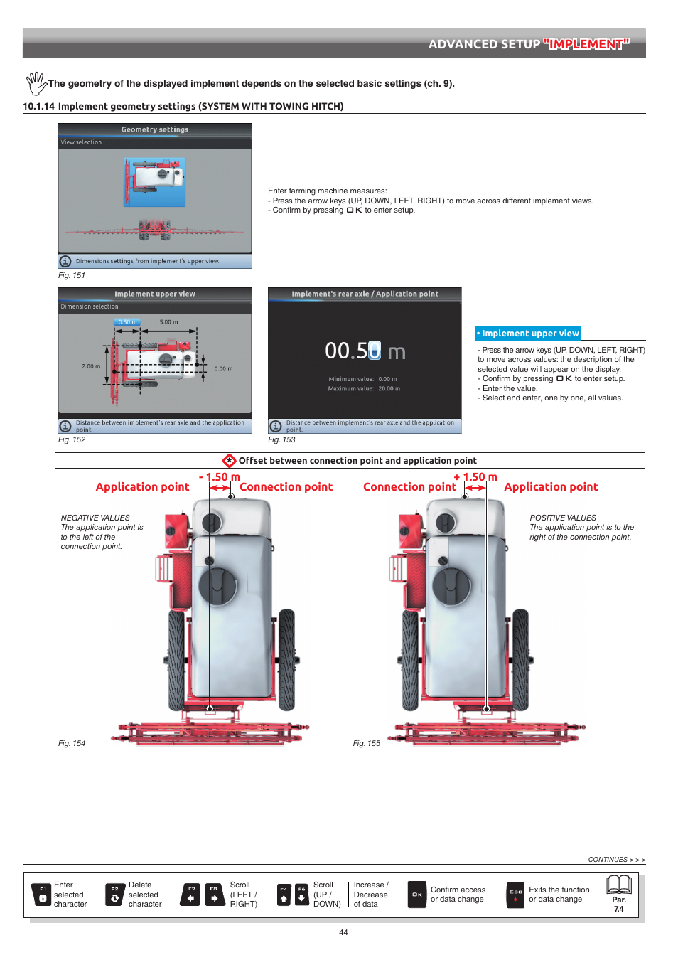 Implement upper view, 14 implement geometry settings, System with towing hitch) | Advanced setup "implement, Application point connection point - 1.50 m, Application point connection point + 1.50 m | ARAG Bravo 400S Crop sprayer User Manual | Page 44 / 112