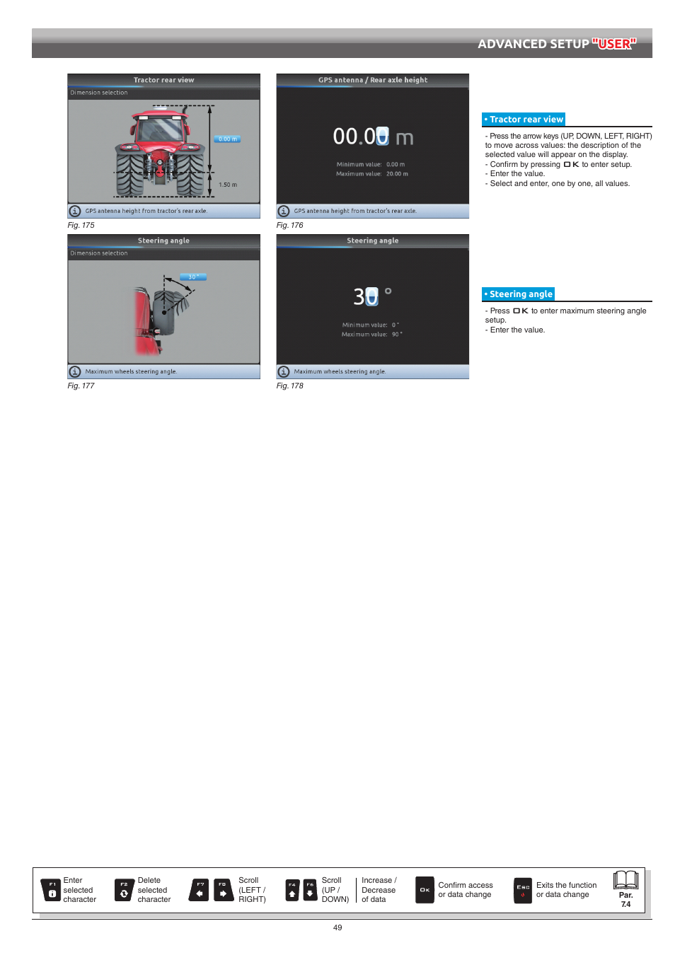 Tractor rear view, Steering angle, Advanced setup "user | ARAG Bravo 400S Crop sprayer User Manual | Page 49 / 112