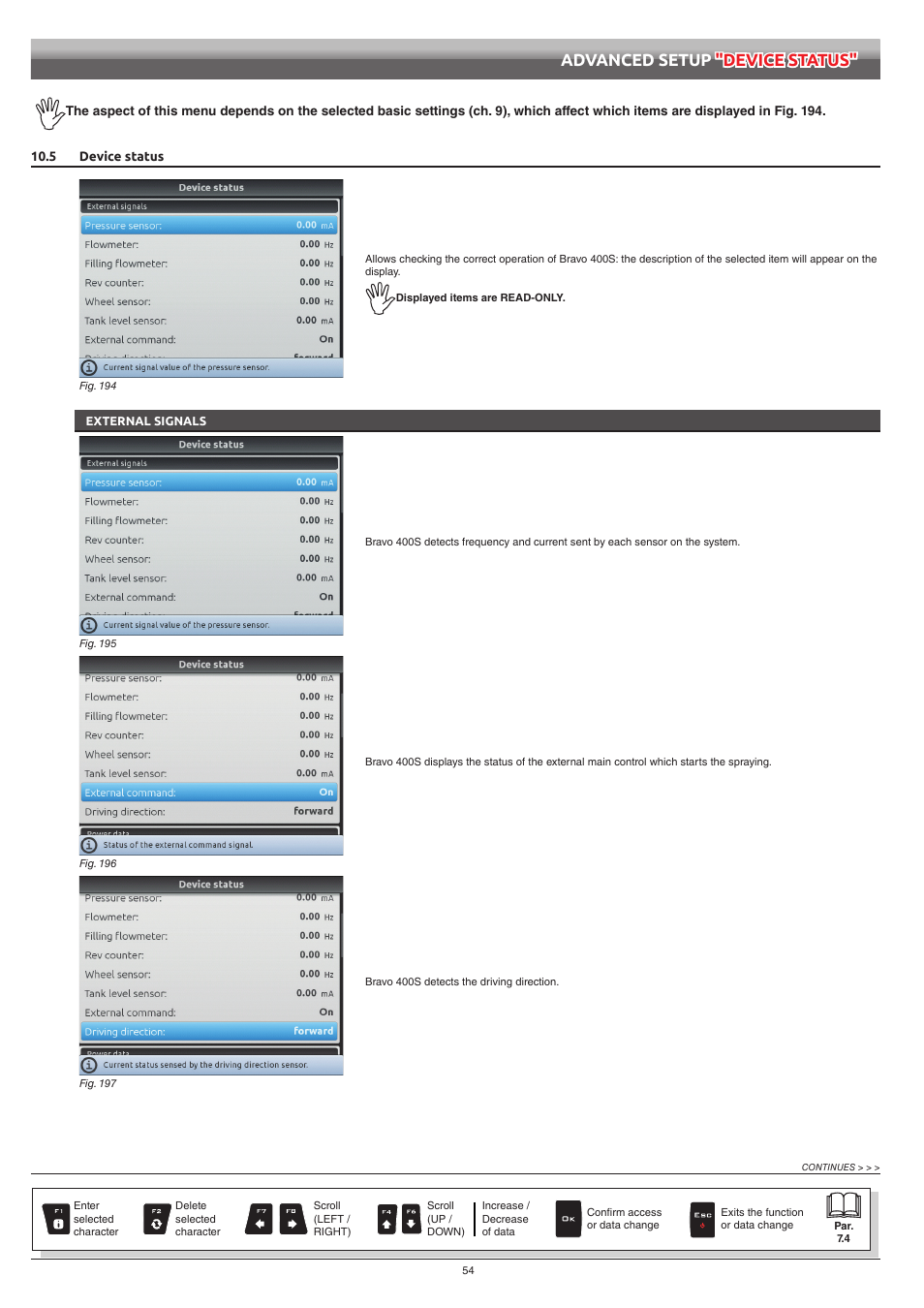 5 device status, External signals, Advanced setup "device status | ARAG Bravo 400S Crop sprayer User Manual | Page 54 / 112