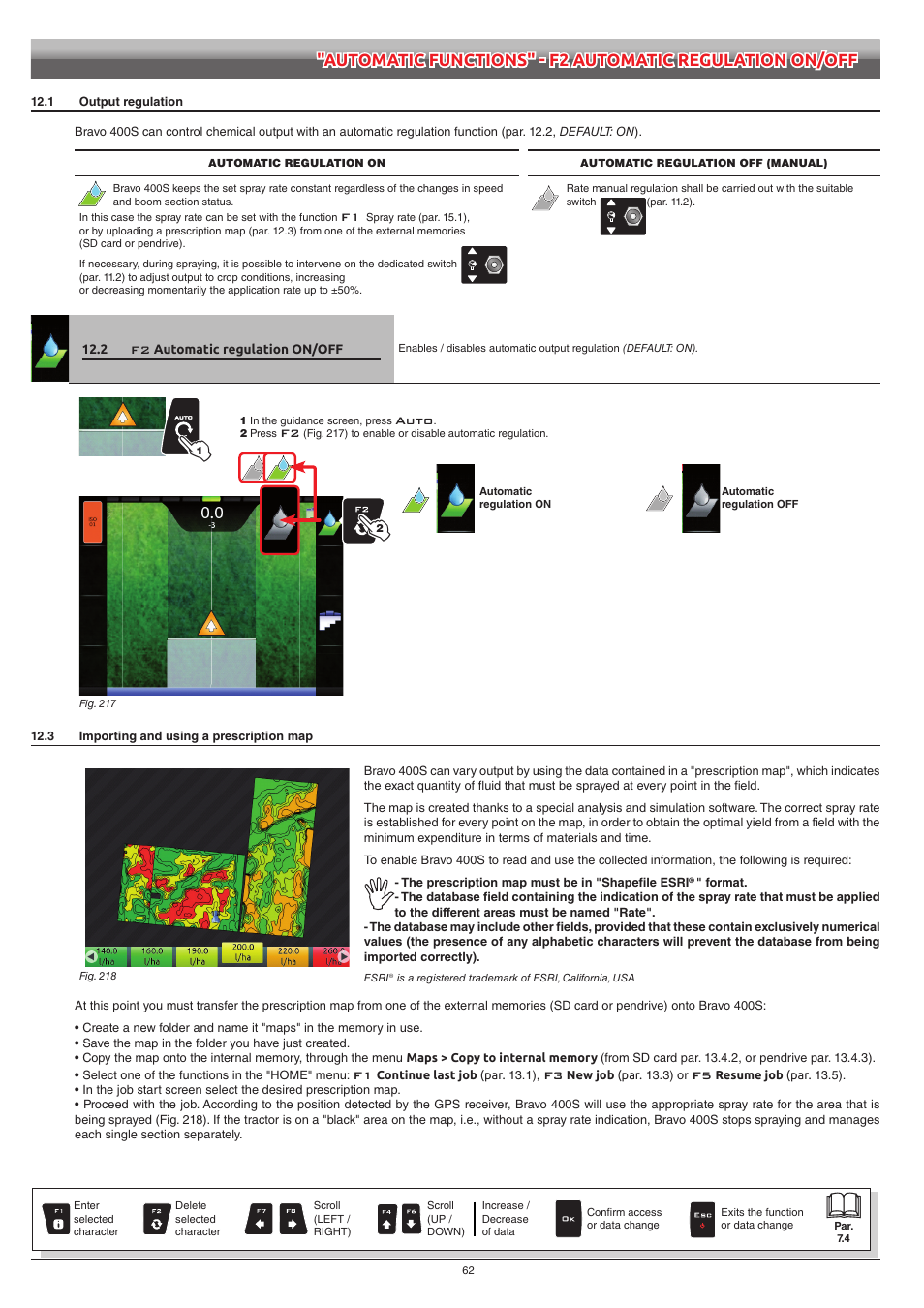 1 output regulation, 2 f2 automatic regulation on/off, 3 importing and using a prescription map | 2 f2, Automatic regulation on/off | ARAG Bravo 400S Crop sprayer User Manual | Page 62 / 112