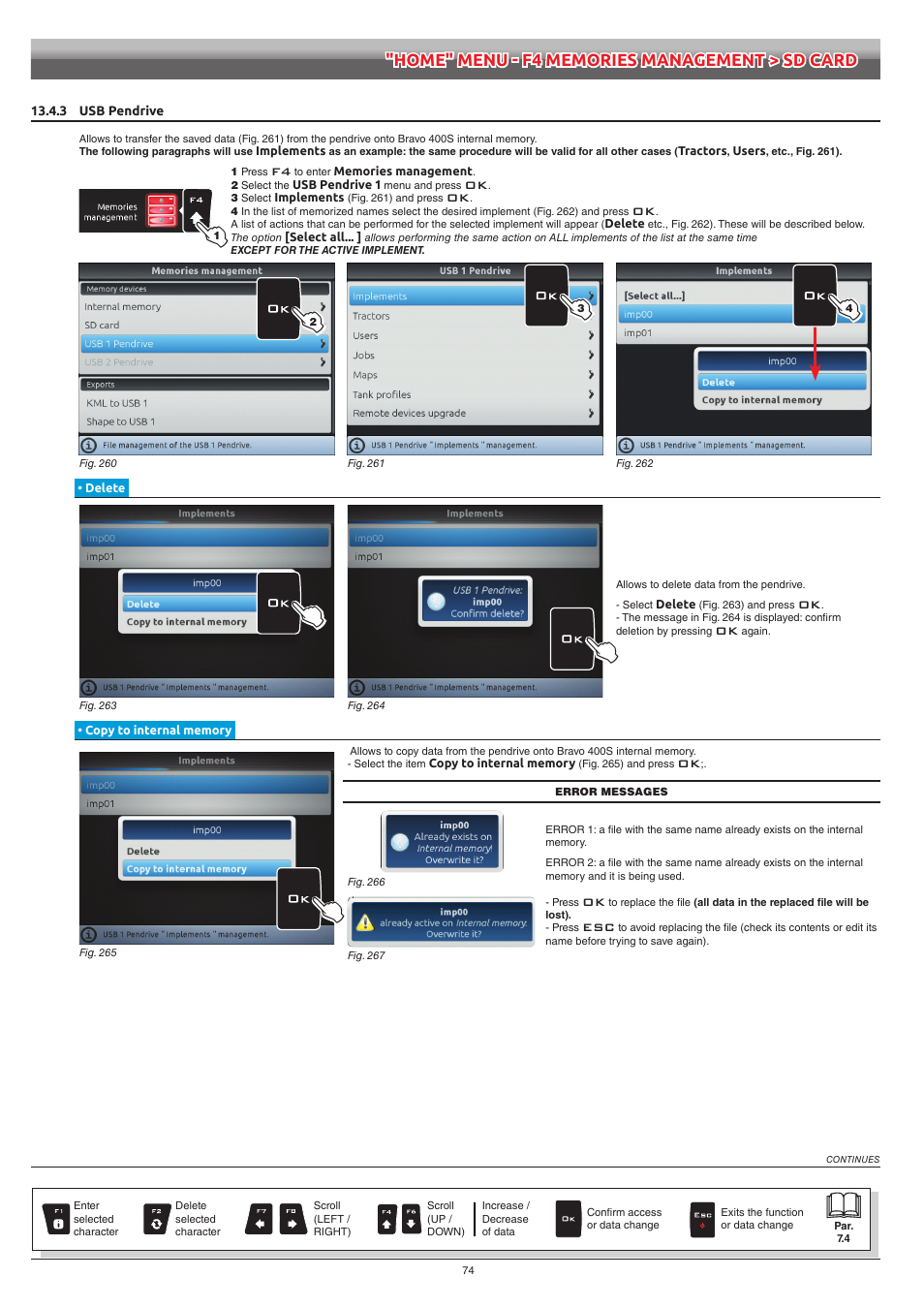 3 usb pendrive, Delete, Copy to internal memory | ARAG Bravo 400S Crop sprayer User Manual | Page 74 / 112