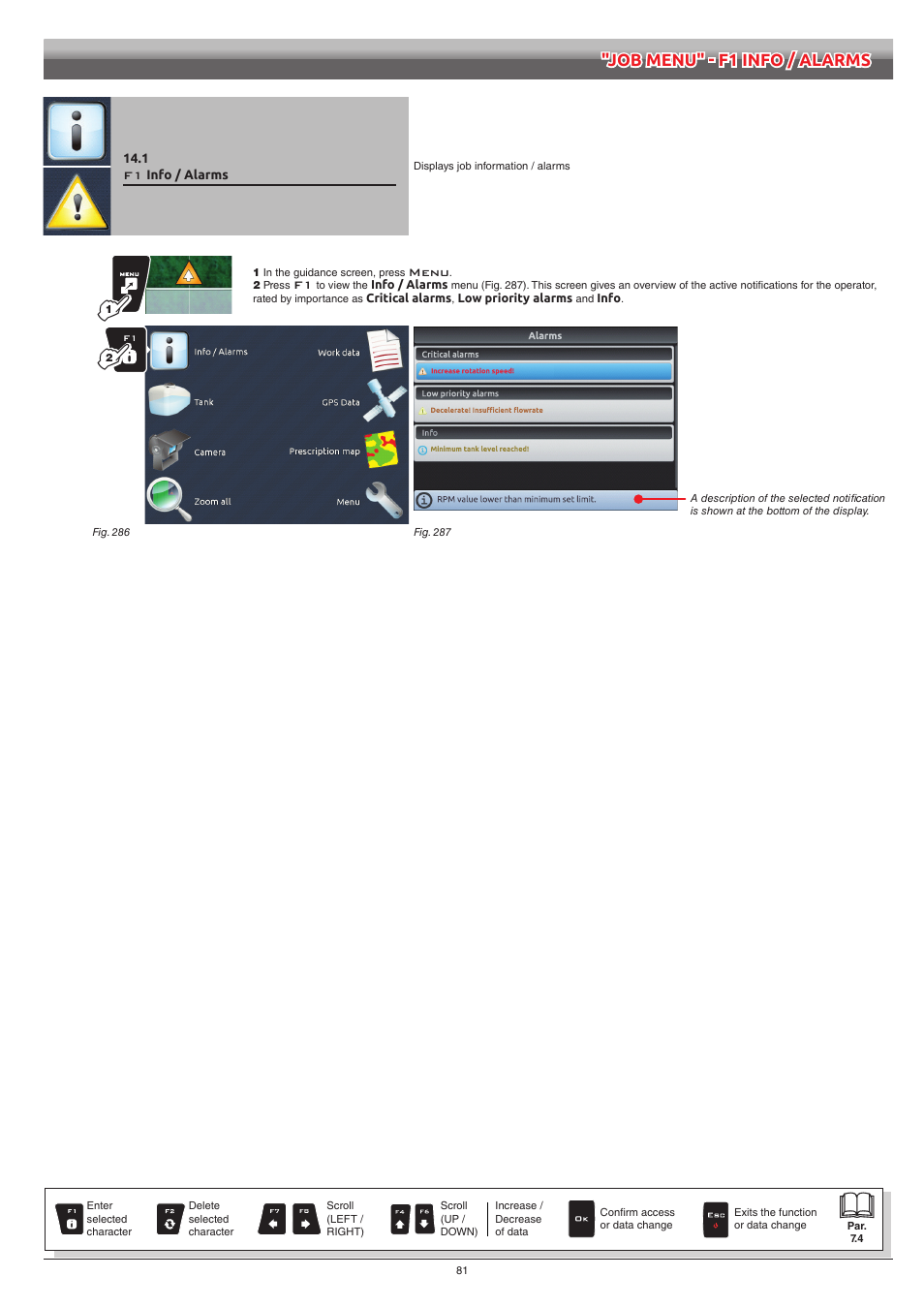 1 f1 info / alarms, Info / alarms | ARAG Bravo 400S Crop sprayer User Manual | Page 81 / 112