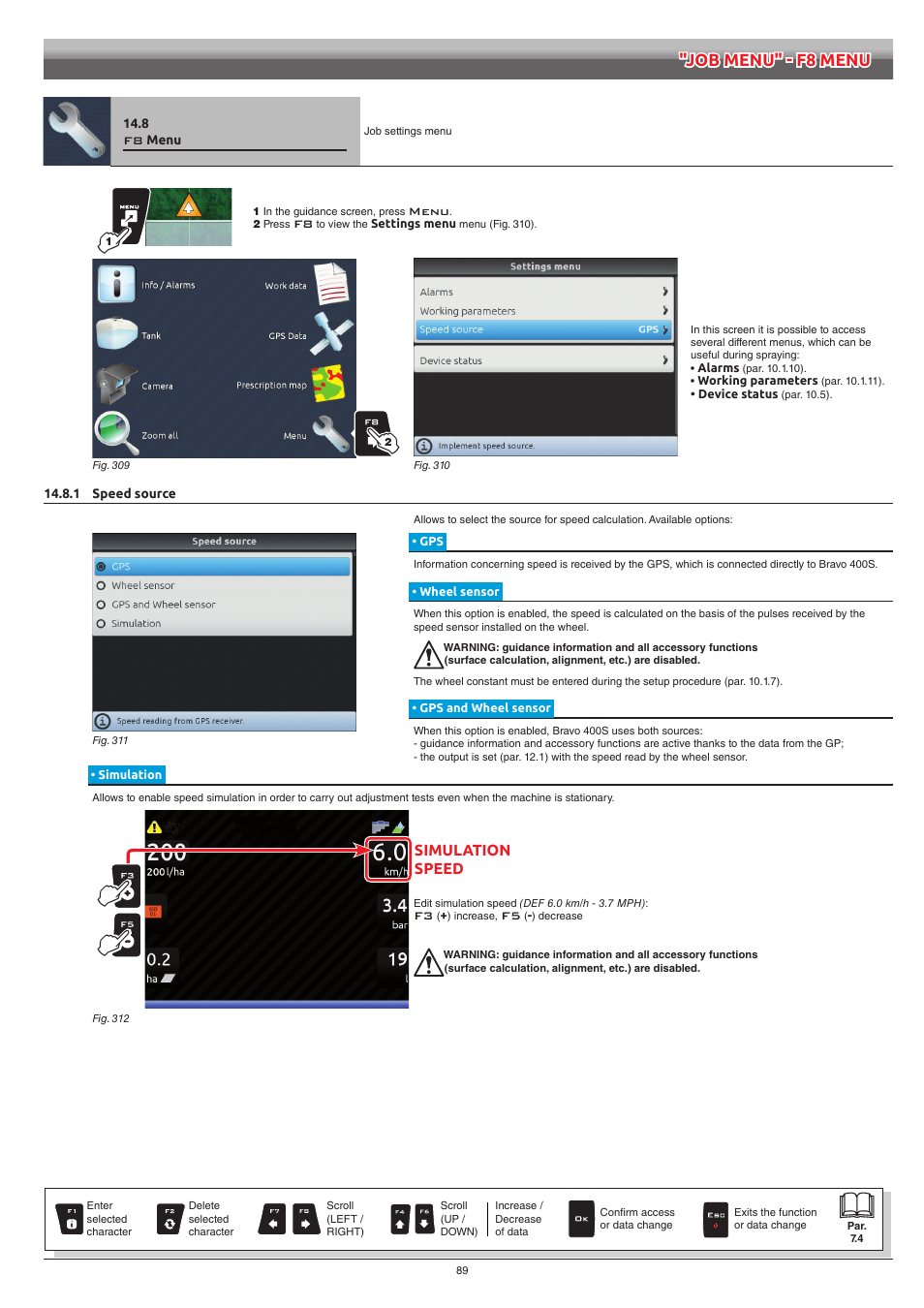 8 f8 menu, 1 speed source, Wheel sensor | Gps and wheel sensor, Simulation, Menu, Job menu" - f8 menu | ARAG Bravo 400S Crop sprayer User Manual | Page 89 / 112