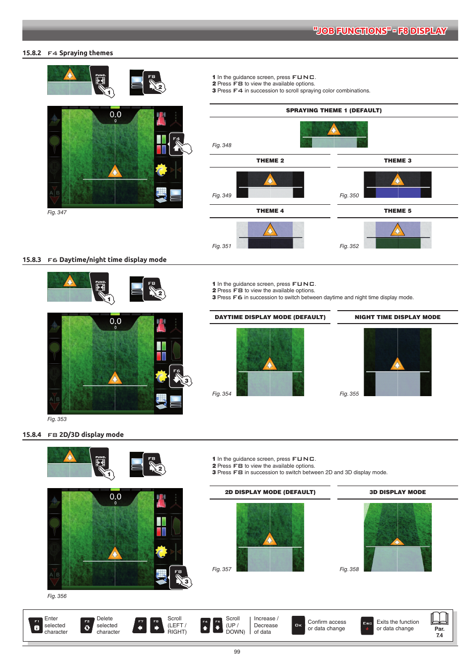 2 f4 spraying themes, 3 f6 daytime/night time display mode, 4 f8 2d/3d display mode | Spraying themes, Daytime/night time display mode, 2d/3d display mode | ARAG Bravo 400S Crop sprayer User Manual | Page 99 / 112