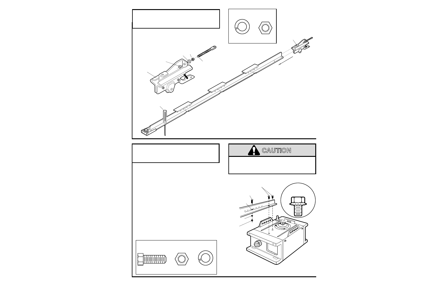 2) install the trolley on the t-rail, 3) fasten the t-rail to the opener, Caution | Assembly step 2, Assembly step 3, Install the trolley on the t-rail, Fasten the t-rail to the opener | Chamberlain 5100-2K User Manual | Page 9 / 40