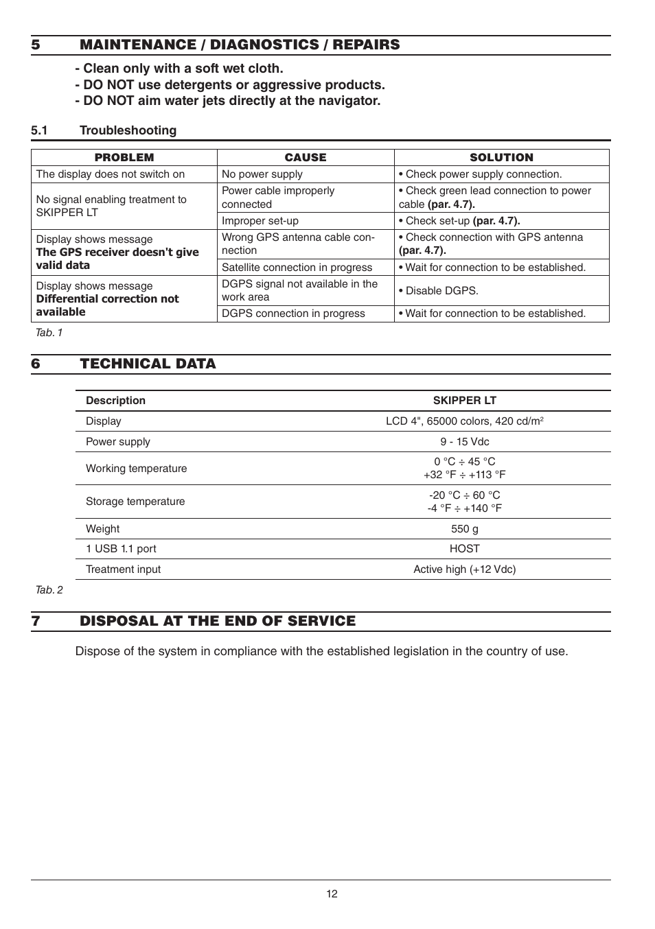 5 maintenance / diagnostics / repairs, 1 troubleshooting, 6 technical data | 7 disposal at the end of service, 6 technical data 7 disposal at the end of service, 5maintenance / diagnostics / repairs, 6technical data, 7disposal at the end of service | ARAG Skipper LT - Satellite Navigator User Manual | Page 12 / 16