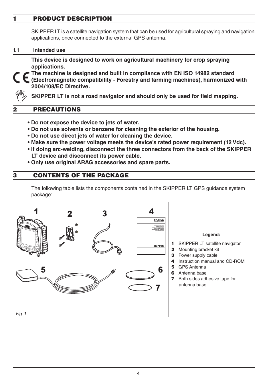 1 product description, 1 intended use, 2 precautions | 3 contents of the package, Intended use, 2 precautions 3 contents of the package | ARAG Skipper LT - Satellite Navigator User Manual | Page 4 / 16