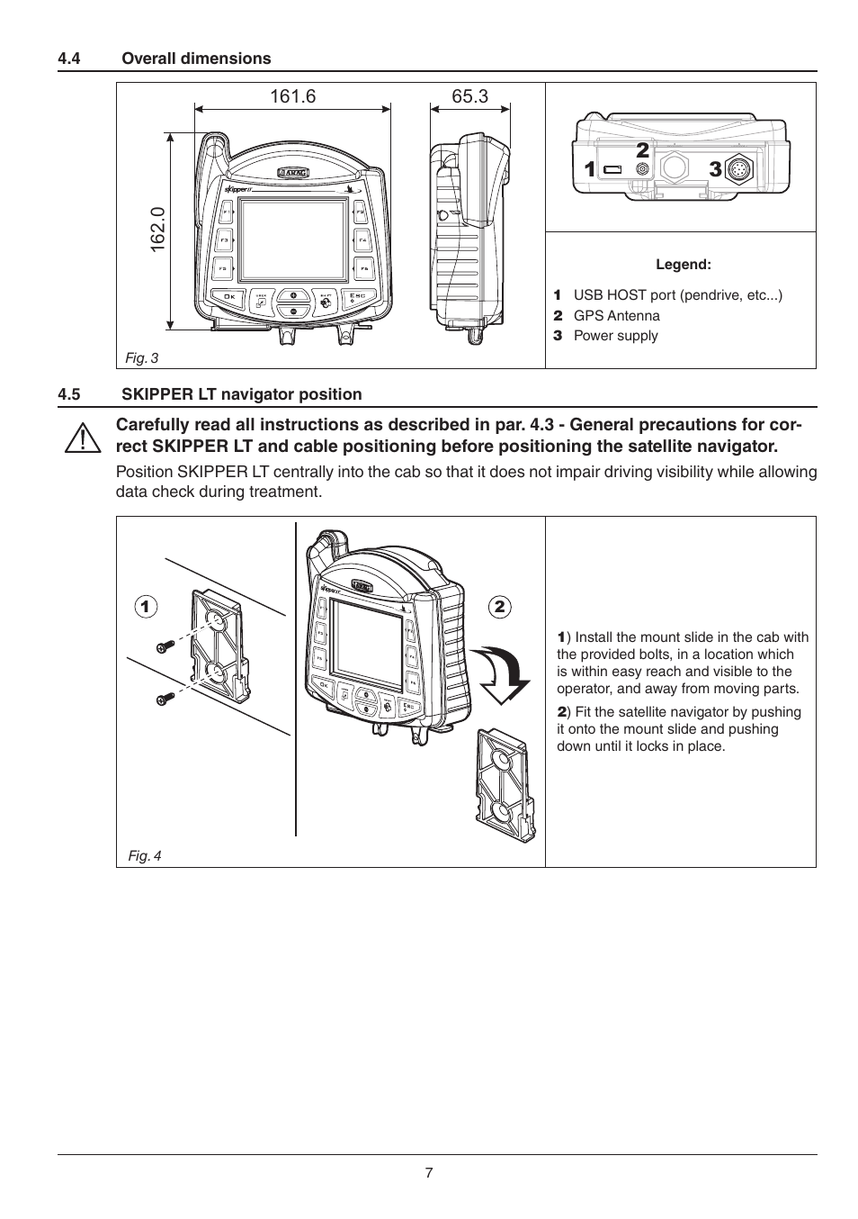 4 overall dimensions, 5 skipper lt navigator position, Overall dimensions | Skipper lt navigator position | ARAG Skipper LT - Satellite Navigator User Manual | Page 7 / 16