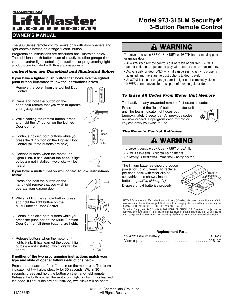 Chamberlain 973-315LM User Manual | 2 pages