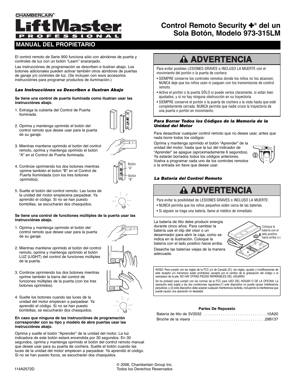 Spanish, Control remoto security, Manual del propietario | Chamberlain 973-315LM User Manual | Page 2 / 2