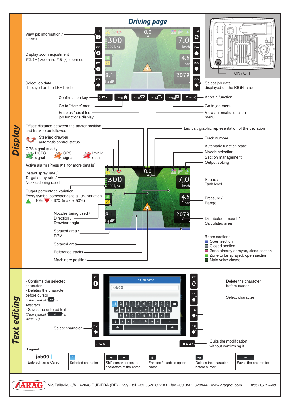Displ a y, Tex t editing, Driving page | ARAG Delta 80 Seletron User Manual | Page 4 / 4