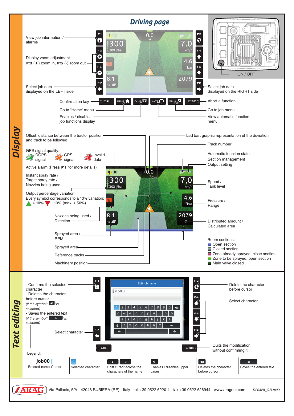 Displ a y, Tex t editing, Driving page | ARAG Delta 80 Sprayer User Manual | Page 4 / 4