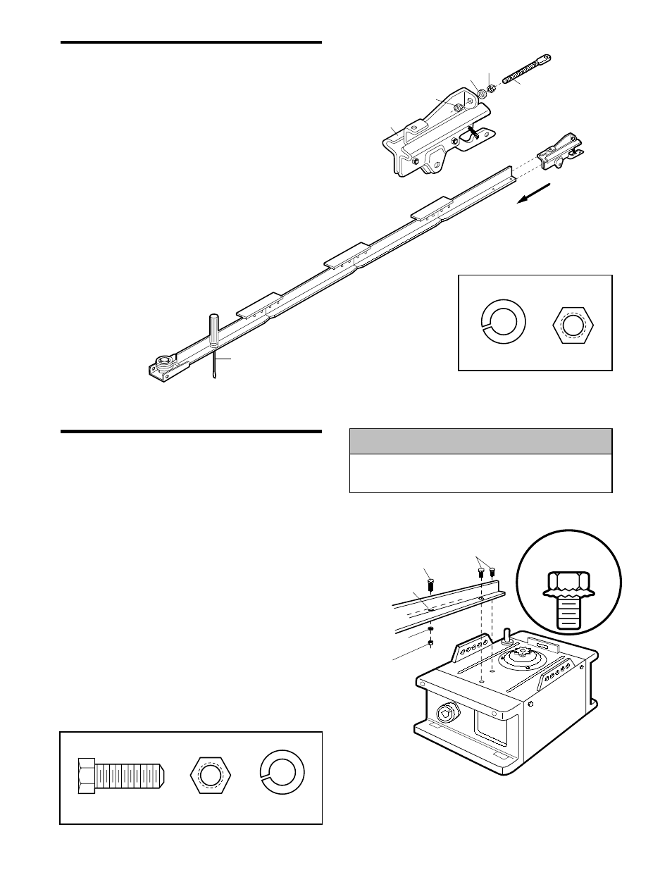 Install trolley on t-rail, Fasten t-rail to opener, Caution | Assembly step 2, Assembly step 3, Install the trolley, Fasten the t-rail to the motor unit | Chamberlain POWER DRIVE PD600 User Manual | Page 9 / 40