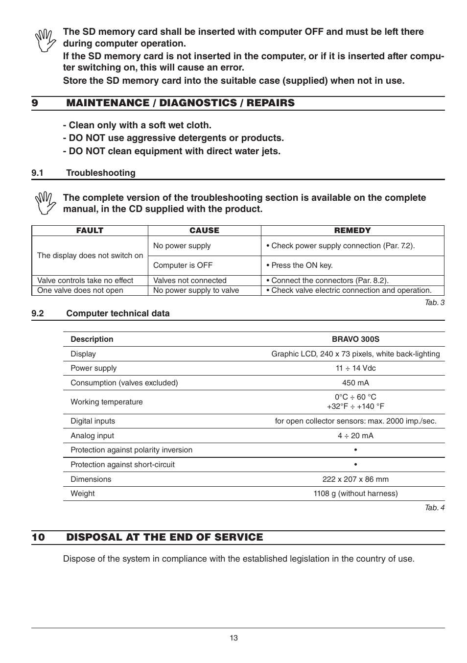 9maintenance / diagnostics / repairs, 10 disposal at the end of service | ARAG BRAVO 300S / Orchard sprayer Direct connection Installation - Software ver. 3.x User Manual | Page 13 / 16