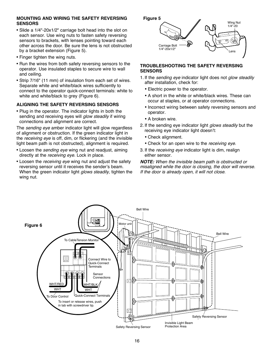 Mounting and wiring the safety reversing sensors, Aligning the safety reversing sensors, Troubleshooting the safety reversing sensors | Chamberlain Security+ 3900PLD User Manual | Page 16 / 32