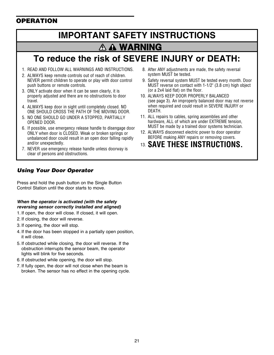 Operation, Using your door operator, Save these instructions | Chamberlain Security+ 3900PLD User Manual | Page 21 / 32