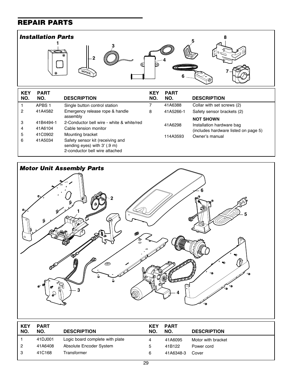 Repair parts, Installation parts, Motor unit assembly parts | Chamberlain Security+ 3900PLD User Manual | Page 29 / 32