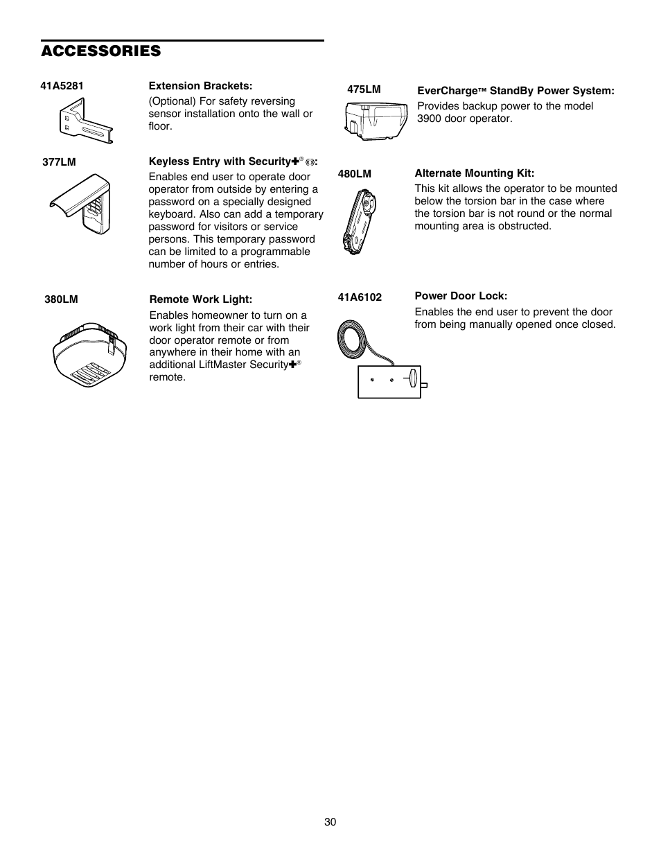 Accessories | Chamberlain Security+ 3900PLD User Manual | Page 30 / 32