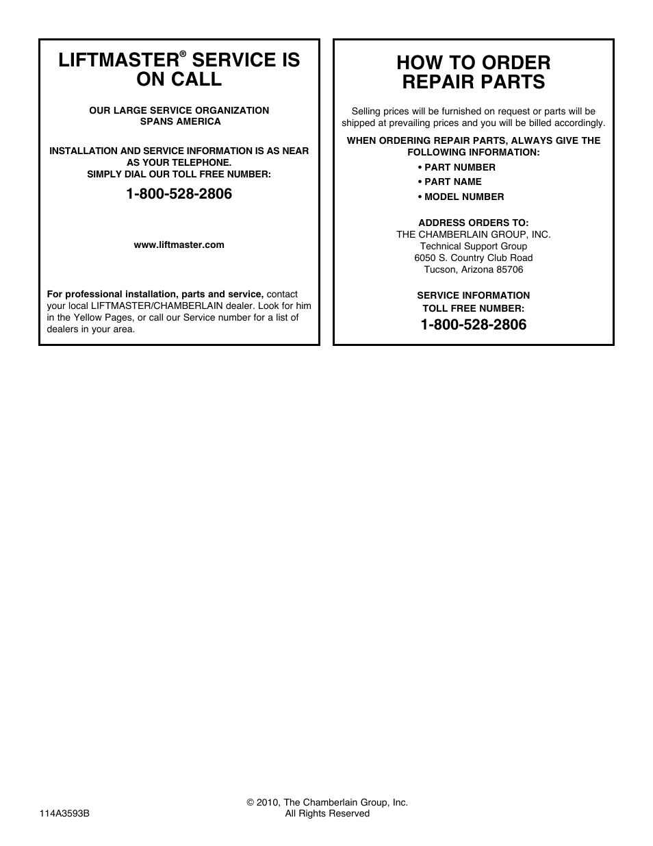 Liftmaster® service is on call, How to order repair parts, Liftmaster | Service is on call | Chamberlain Security+ 3900PLD User Manual | Page 32 / 32