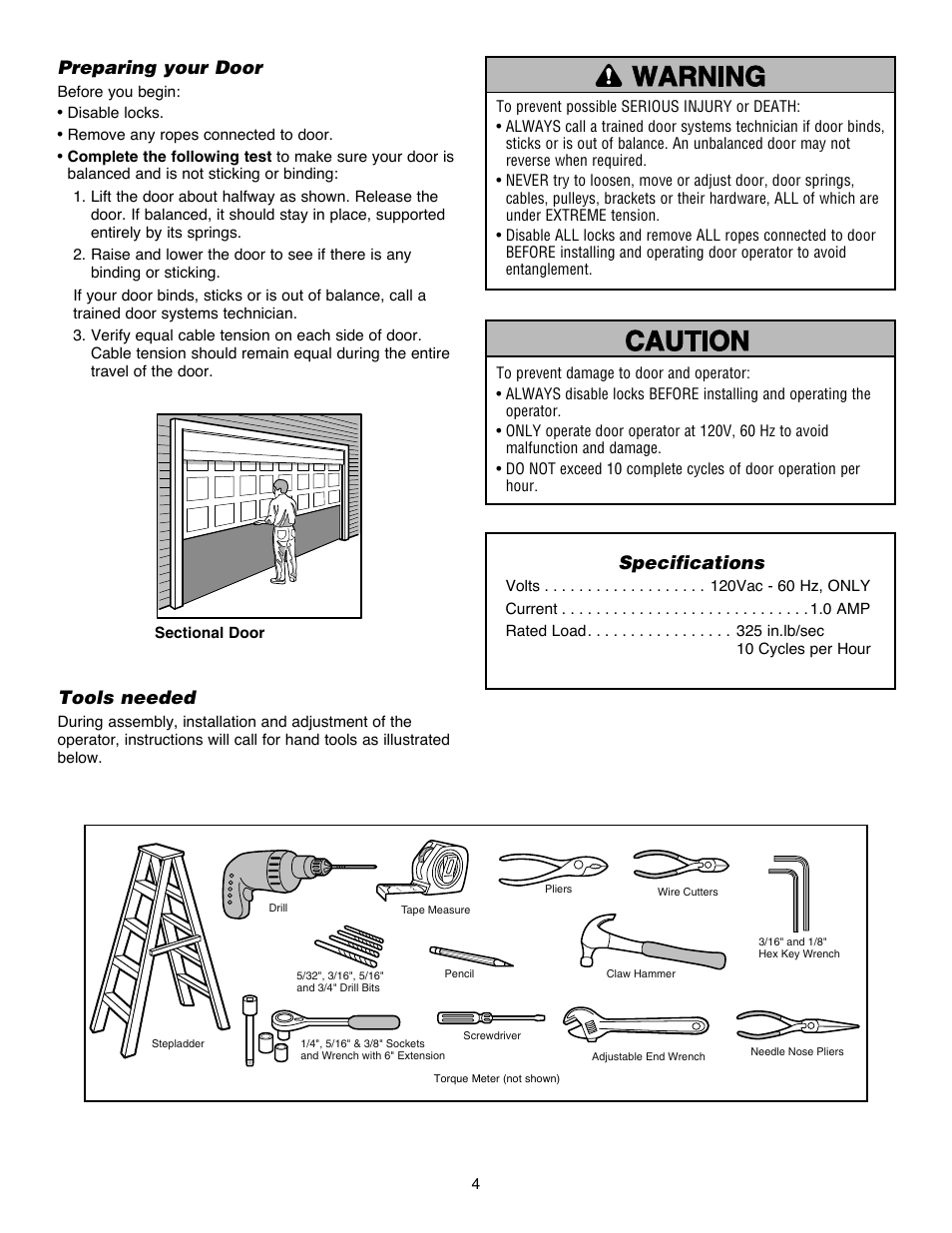 Preparing your door, Specifications, Tools needed | Chamberlain Security+ 3900PLD User Manual | Page 4 / 32