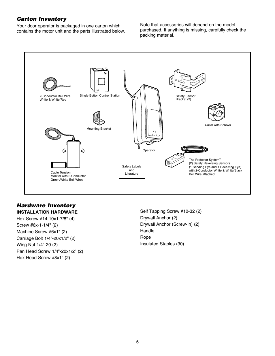 Carton inventory, Hardware inventory | Chamberlain Security+ 3900PLD User Manual | Page 5 / 32