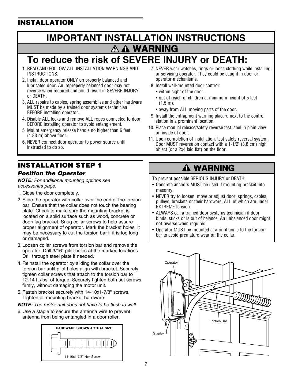 Installation, Step 1 position the operator, Installation installation step 1 | Chamberlain Security+ 3900PLD User Manual | Page 7 / 32