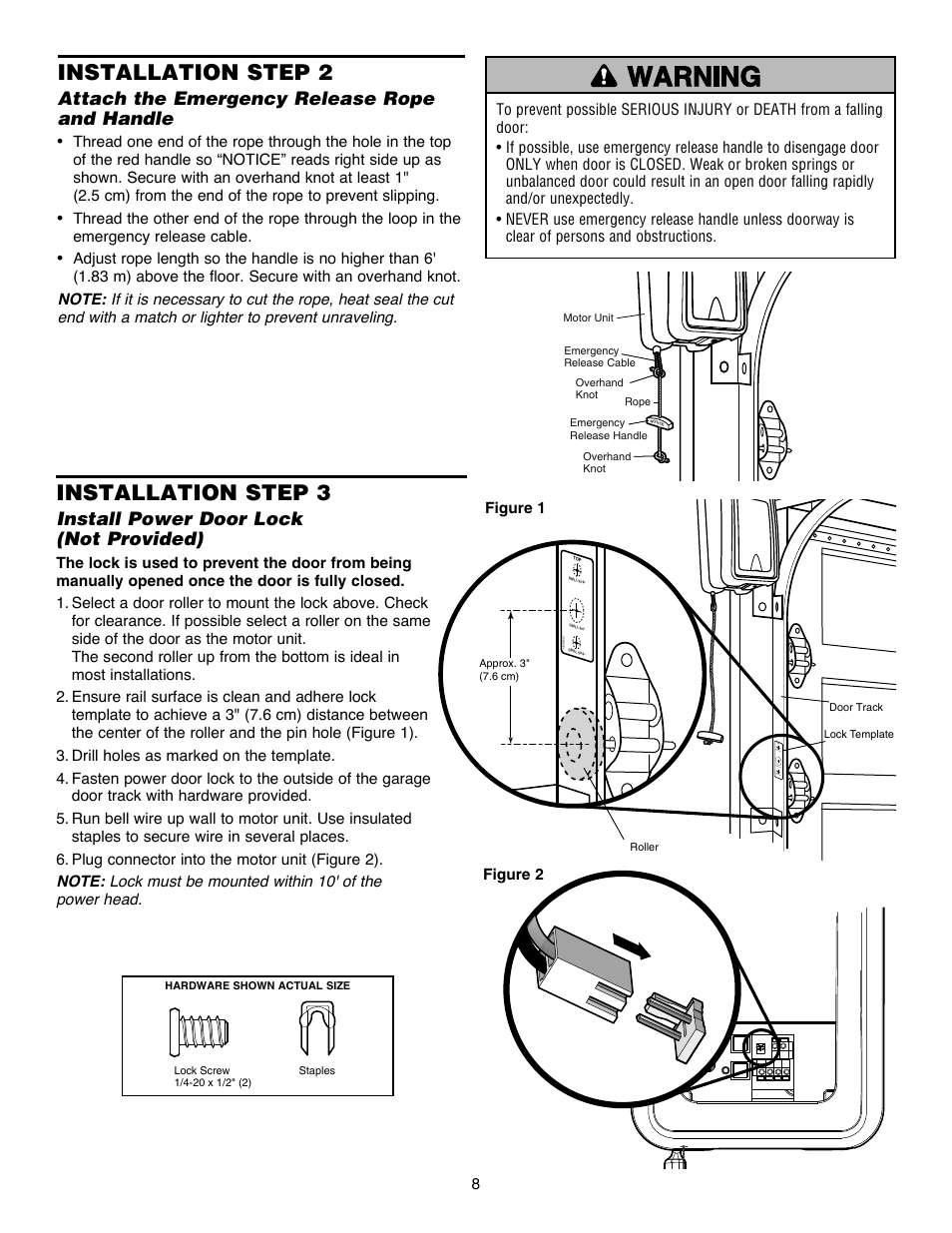 Step 2 attach the emergency release ropeand handle, Step 3 install power door lock(not provided), Installation step 2 | Installation step 3, Attach the emergency release rope and handle, Install power door lock (not provided) | Chamberlain Security+ 3900PLD User Manual | Page 8 / 32