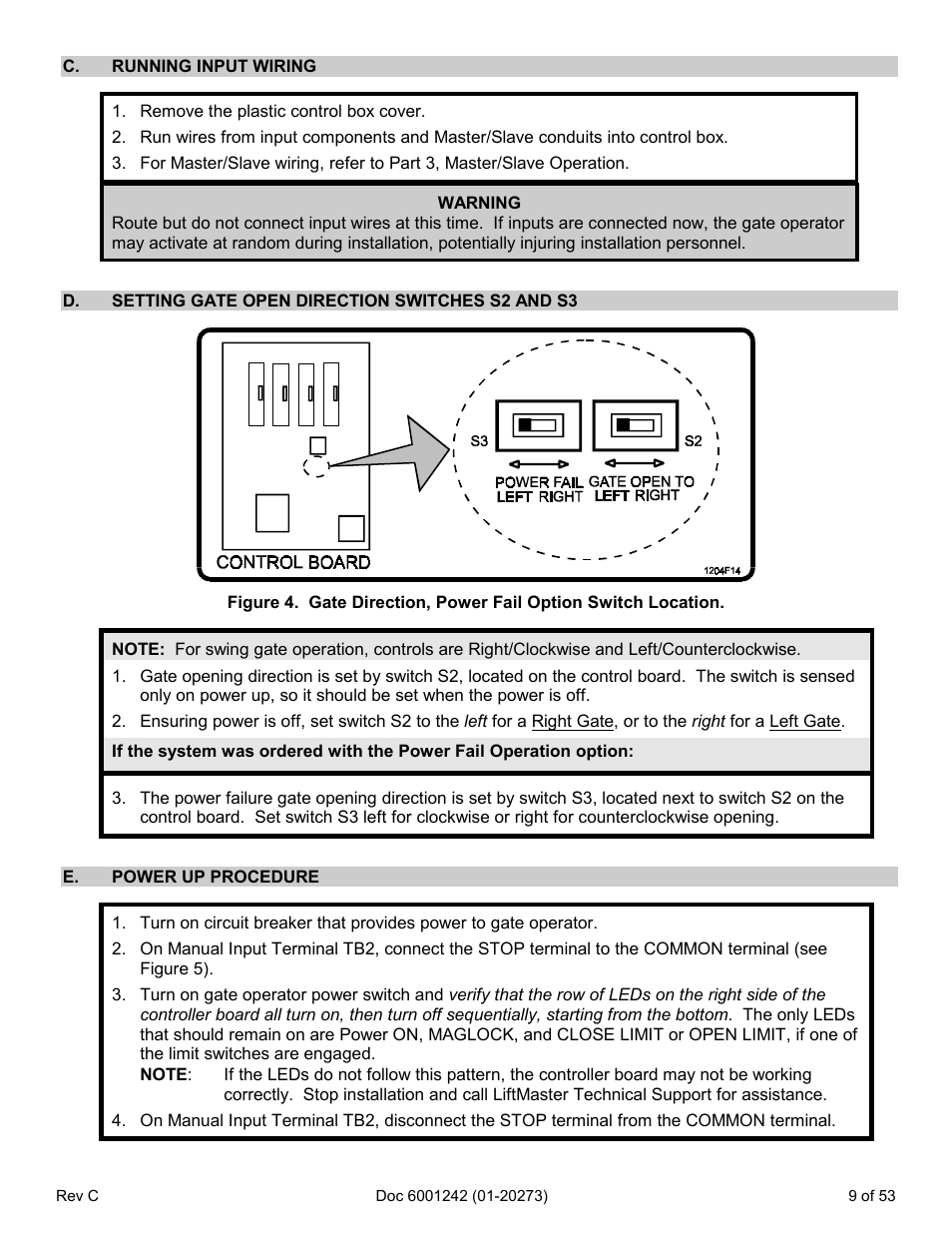 C. running input wiring, D. setting gate open direction switches s2 and s3, E. power up procedure | Chamberlain Swing GATE User Manual | Page 10 / 54