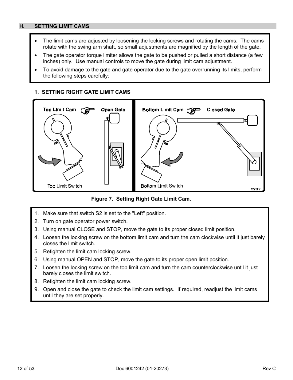 H. setting limit cams, Setting right gate limit cams | Chamberlain Swing GATE User Manual | Page 13 / 54