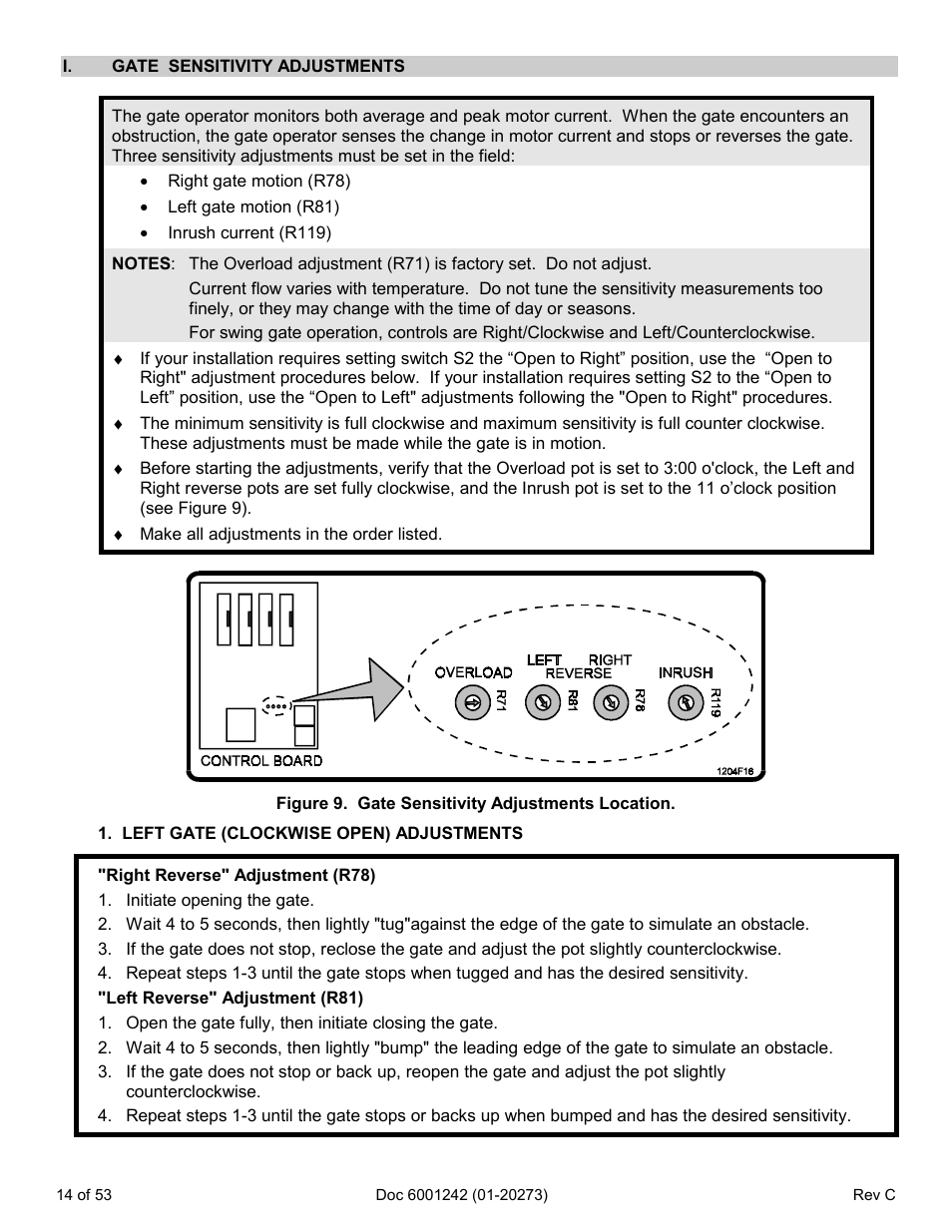 I. gate sensitivity adjustments, Left gate (clockwise open) adjustments | Chamberlain Swing GATE User Manual | Page 15 / 54