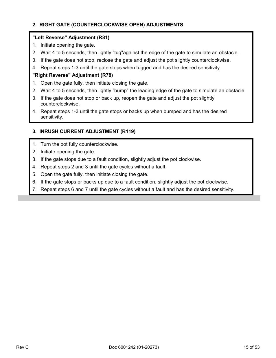 Right gate (counterclockwise open) adjustments, Inrush current adjustment (r119) | Chamberlain Swing GATE User Manual | Page 16 / 54