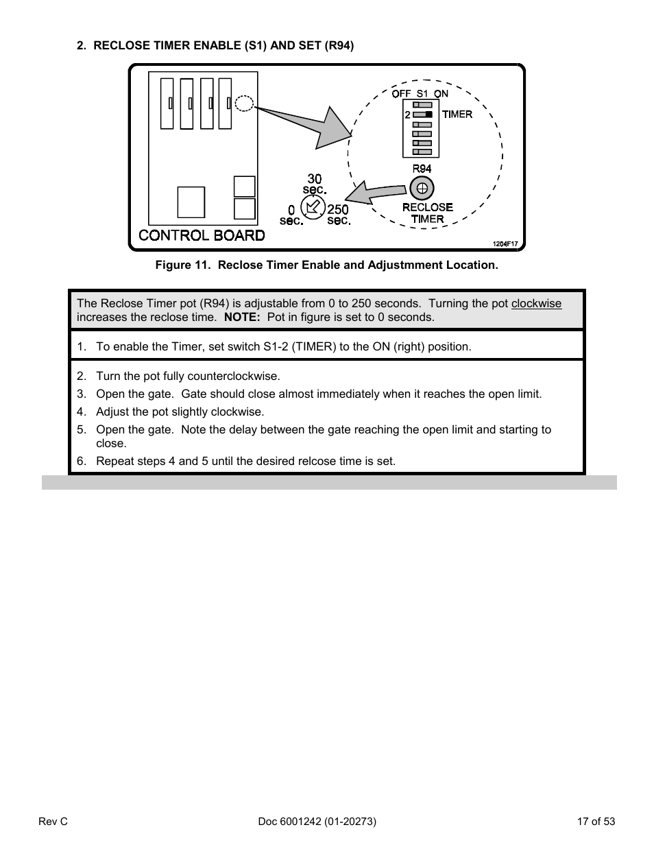 Reclose timer enable (s1) and set (r94) | Chamberlain Swing GATE User Manual | Page 18 / 54