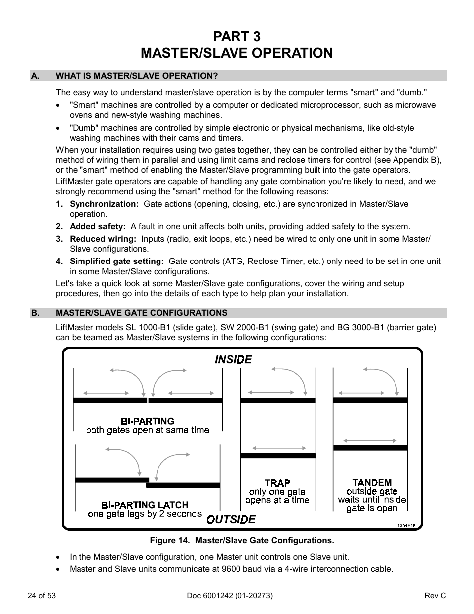 Part 3 master/slave operation, A. what is master/slave operation, B. master/slave gate configurations | Chamberlain Swing GATE User Manual | Page 25 / 54