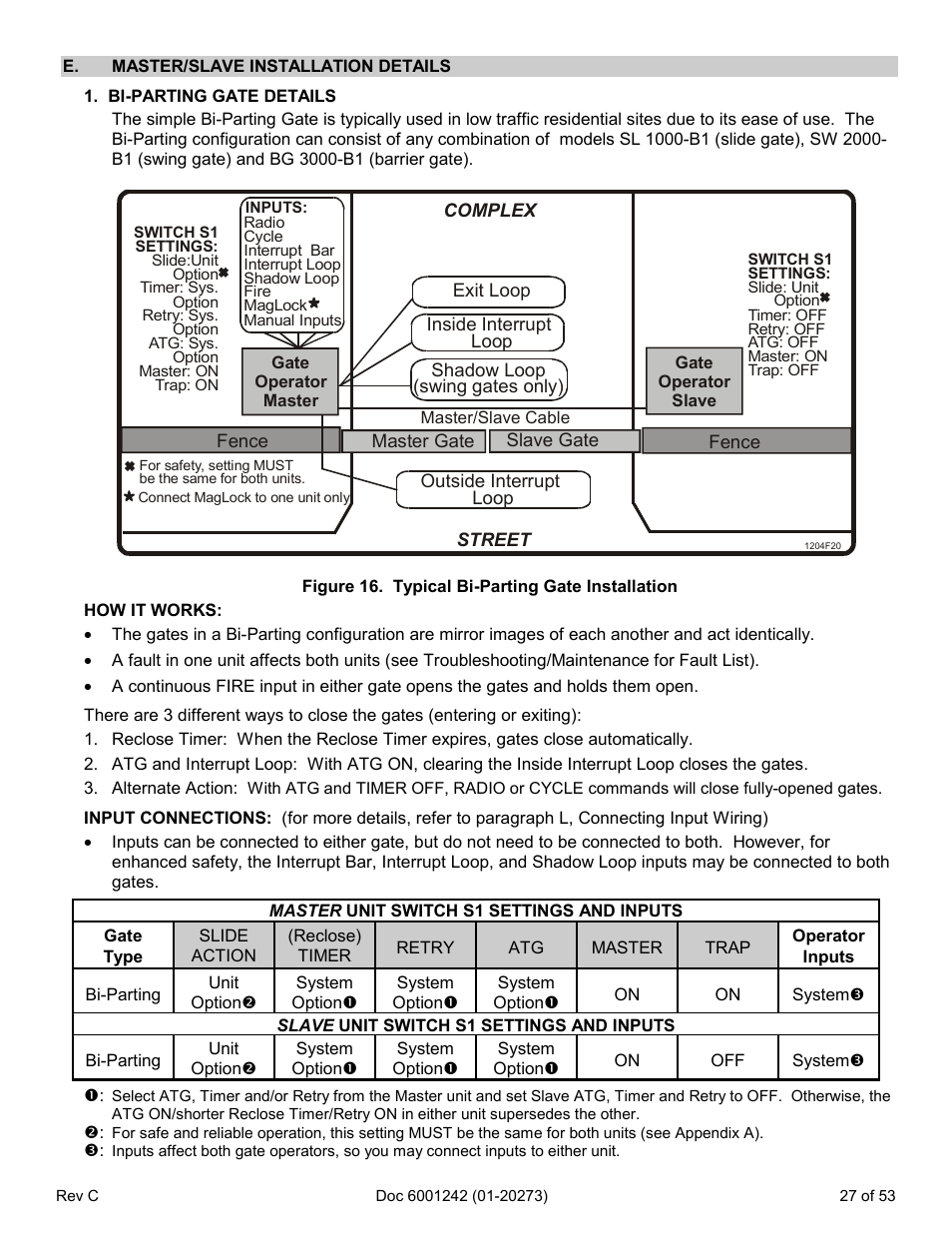 E. master/slave installation details, Bi-parting gate details | Chamberlain Swing GATE User Manual | Page 28 / 54