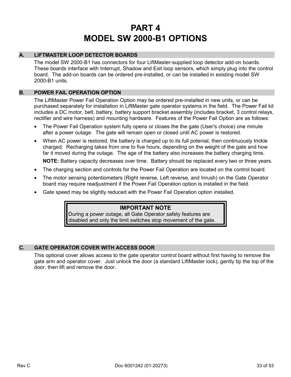 Part 4 model sw 2000-b1 options, A. liftmaster loop detector boards, B. power fail operation option | C. gate operator cover with access door | Chamberlain Swing GATE User Manual | Page 34 / 54